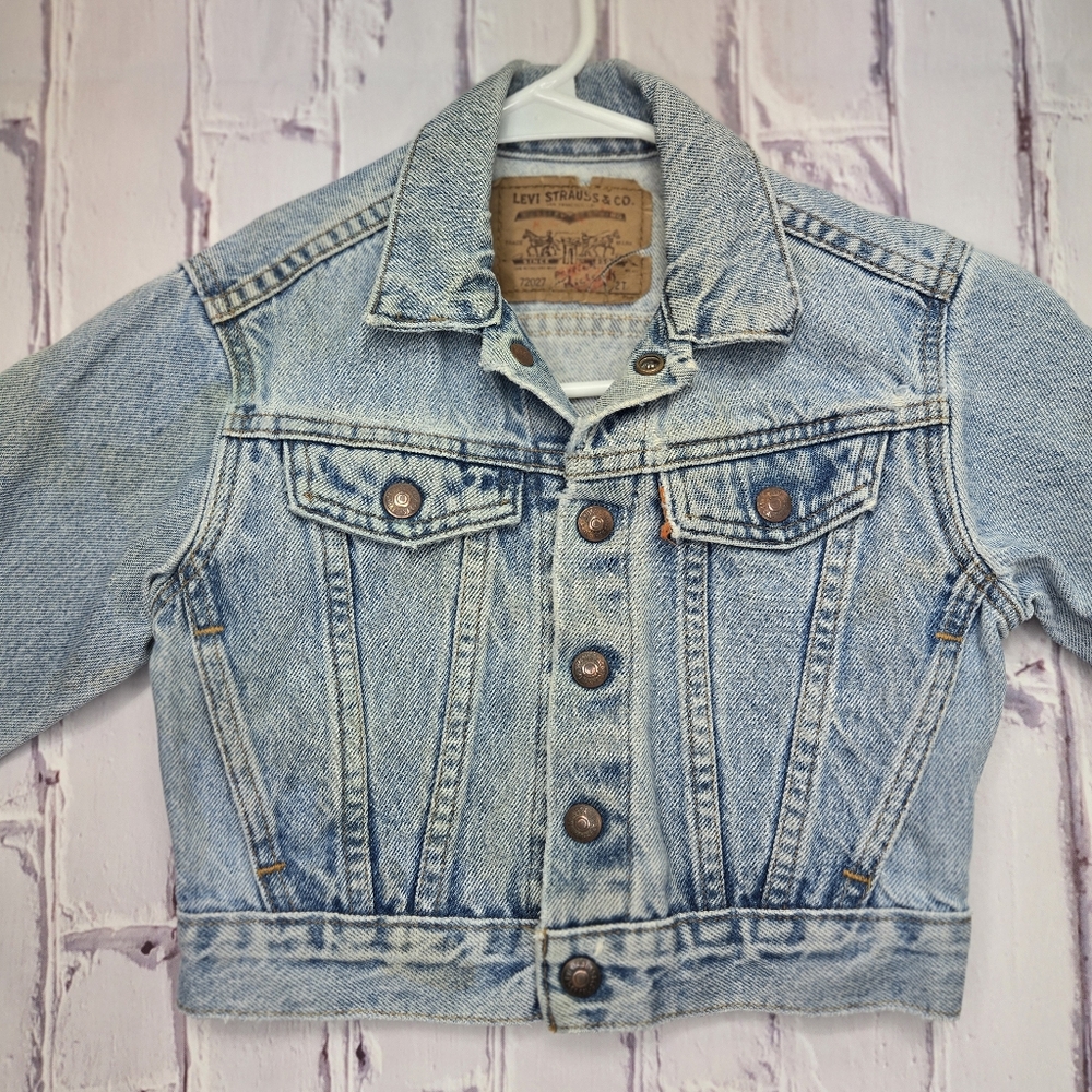 Vintage Little Levi's‎ Denim Jean Jacket Child Sz 2T Distressed Blue Orange Tab